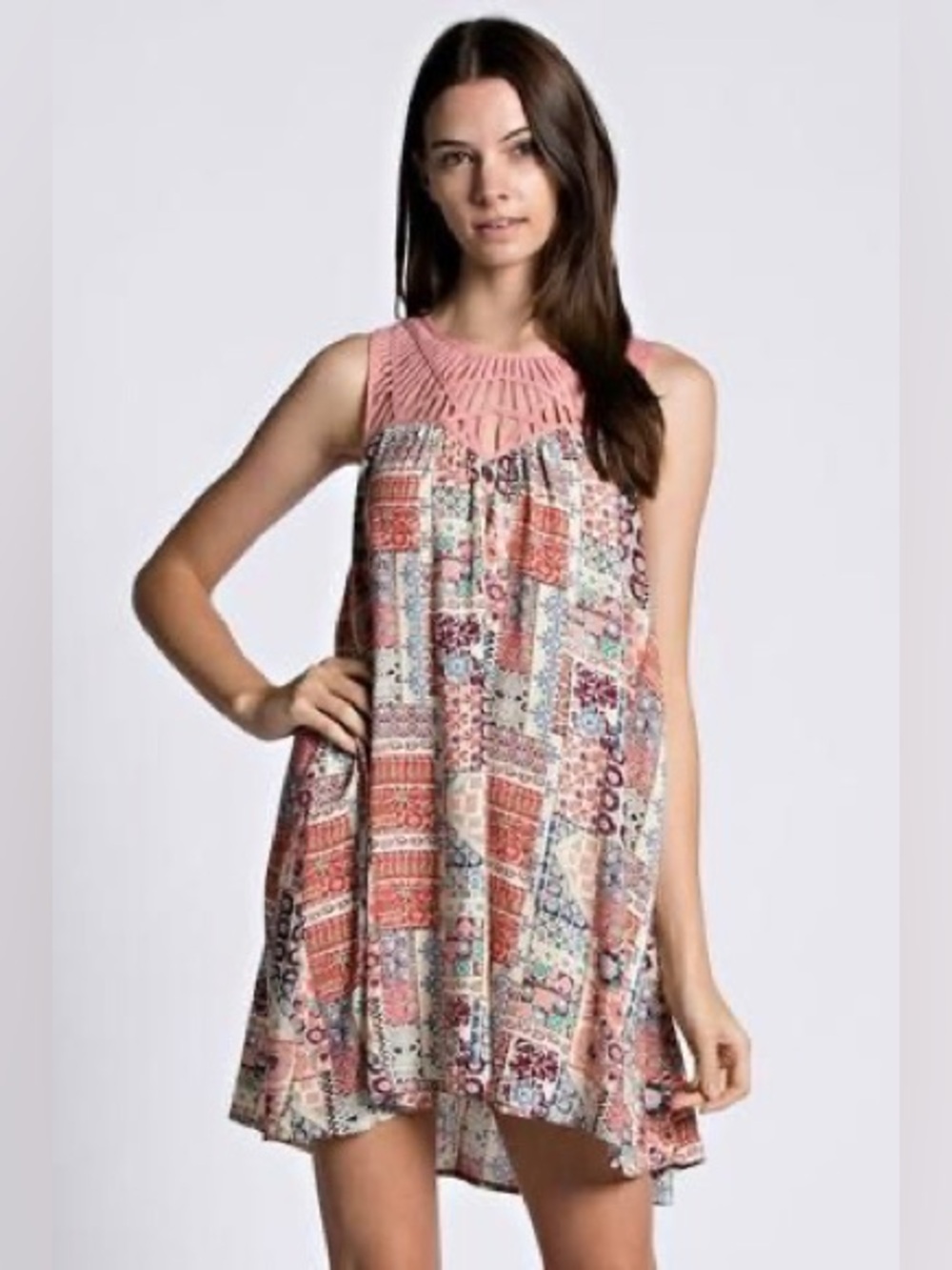 Kori Pink Crochet Yoke Patchwork Mini Dress